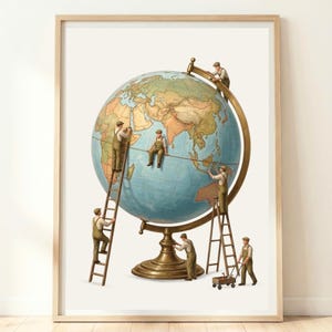 May include: A framed wall art print featuring a vintage-style globe with a brass-colored stand. Several miniature figures in tan work clothes are depicted climbing wooden ladders and sitting on the globe, appearing to maintain or repair it.