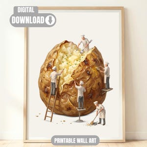 May include: A digital wall art print featuring a large baked potato with a fluffy interior and melting butter. Four miniature chefs in white uniforms are working on the potato, using a ladder, a platform, and tools to prepare the food.