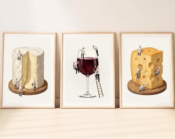Set di 3 stampe artistiche da parete a tema formaggio e vino / Quadri con vino rosso / Regalo per amanti del formaggio / Quadri per la sala da pranzo
