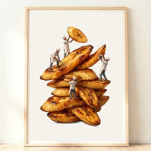 Fried Plantain wall art featuring Fried Plantains being tended to by miniature chefs like builders. Japandi style print.