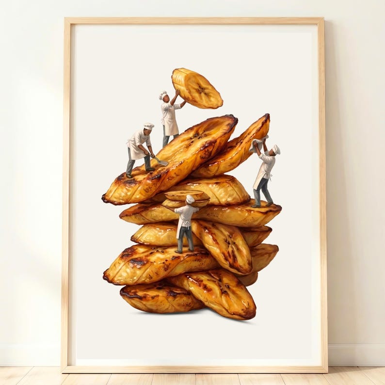 Fried Plantain wall art featuring Fried Plantains being tended to by miniature chefs like builders. Japandi style print.
