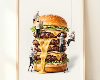 Burger Wall Art | Whimsical Cheeseburger Print | Stacked Burger Poster | Burger Kitchen Decor | Chef Gift