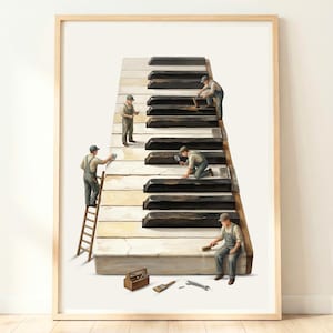 A monumental vintage music room wall art being tended to by a team of miniature workers like builders. Framed vintage piano print. Japandi style.