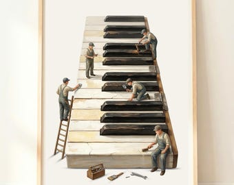 May include: A framed art print depicting miniature workers in overalls repairing a large piano keyboard. The workers use tools like ladders, brushes, and magnifying glasses to fix the cracked white and black keys. A toolbox and wrenches sit below.