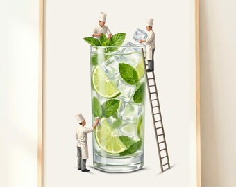 Quadro con cocktail Mojito / Stampa di bevanda alla menta e lime / Decorazione estiva per il bar / Poster di cocktail freschi