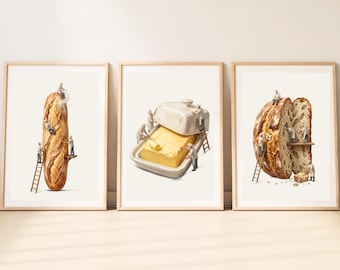 Set di 3 stampe artistiche da parete a tema lievito madre / Quadri a tema pane / Quadri per panetteria / Poster con burriera / Quadri con baguette