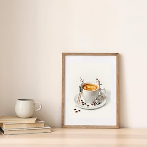 May include: A framed print depicts a whimsical scene of miniature figures working on a large cup of coffee. The coffee cup sits on a saucer with scattered coffee beans. The print is in a wooden frame.
