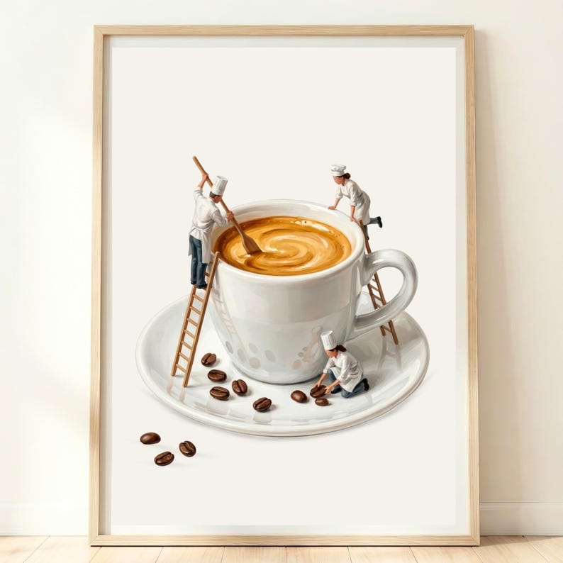 Espresso Wall art print featuring a white ceramic coffee cup and saucer filled with light brown coffee. Three miniature figures dressed as chefs in white uniforms are interacting with the cup, using wooden ladders and a spoon.