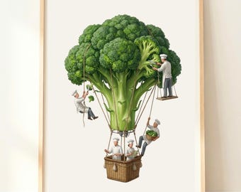 Decorazione murale stravagante per la cucina / Arte vegetale / Stampa di broccoli con mongolfiera / Decorazione botanica per la cucina / Opera d'arte originale per la casa
