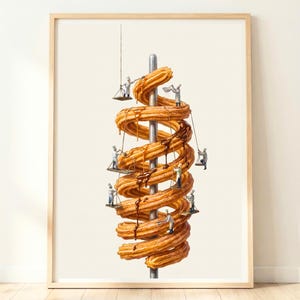 May include: A framed art print featuring a whimsical illustration of a spiral of churros being drizzled with chocolate by miniature figures. The artwork is set against a cream-colored background and framed in a light wood.