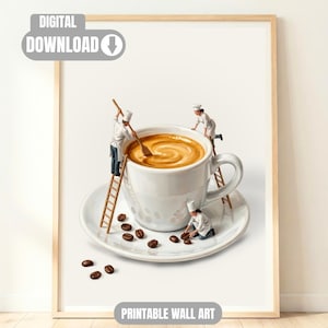 Espresso wall art digital download being tended to by miniature baristas. Japndi setting.