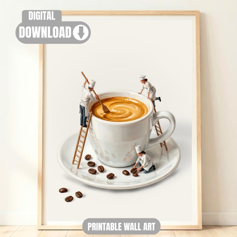 Espresso wall art digital download being tended to by miniature baristas. Japndi setting.