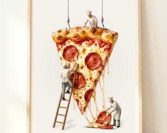 Quadro da parete con fetta di pizza al salame piccante / Stampa di cibo al formaggio / Decorazione per la cucina / Regalo per gli amanti della pizza / Poster di pizza e formaggio