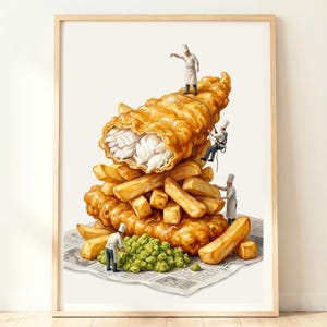 Fish and Chips Wandkunst | Britische Küche am Meer Poster | Küstenpub Essen Kunstwerk | UK Comfort Dish Poster