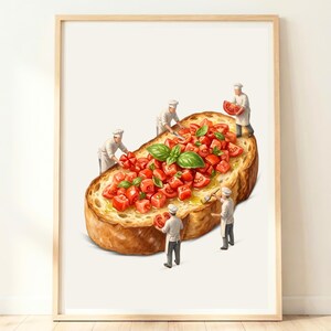 Sztuka ścienna z bruschettą | Włoski wystrój kuchni | Nadruk z pomidorem i bazylią | Sztuka kulinarna w stylu śródziemnomorskim | Rustykalna sztuka ścienna do jadalni