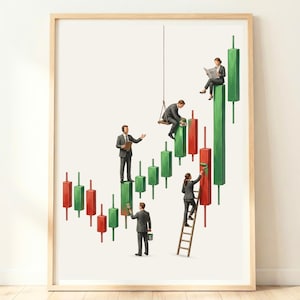 Op de afbeelding: Een ingelijste kunstdruk met miniatuur zakelijke professionals die interageren met een grote financiële candlestick-grafiek. Figuren in pakken schilderen de rode en groene balken, zitten op een schommel en lezen een krant bovenop de grafiek.