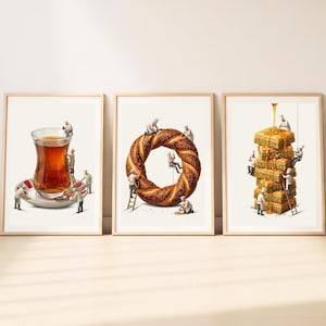 Turkish Wall Art Set of 3 | Kitchen Decor Bundle | Baklava Tea Simit Bread Artwork | Cultural Turkey Food Prints