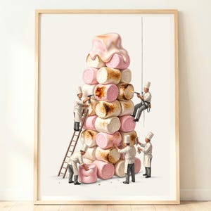 May include: A framed art print depicts a whimsical scene of chefs constructing a tower of marshmallows. The marshmallows are pink and white, some with toasted brown edges, topped with a pink glaze. The chefs are wearing white uniforms and hats.