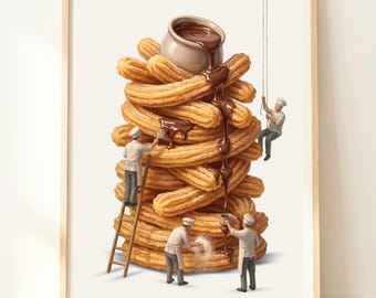 Könnte beinhalten: Ein gerahmter Kunstdruck zeigt einen großen Stapel goldbrauner Churros, gekrönt von einem Keramiktopf, aus dem dunkle Schokoladensauce fließt. Miniaturfiguren in weißen Kochuniformen sind zu sehen, wie sie die Churros mit einer Leiter bearbeiten.