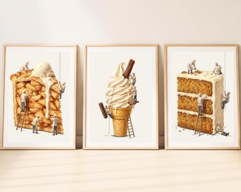 Set di 3 stampe a tema torta da parete / Decorazioni per la cucina / Torta di mele / Torta di carote / Poster gelato