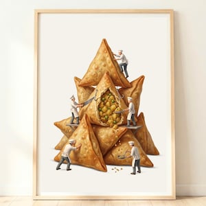 Puede incluir: Una lámina enmarcada que muestra a chefs en miniatura con uniformes blancos trabajando en una pila de samosas triangulares doradas. Un chef usa una sierra para cortar una samosa, revelando un relleno de patatas amarillas y guisantes verdes.