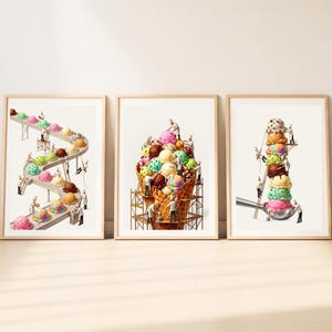 May include: Three framed art prints depicting miniature chefs working on ice cream. The first shows a winding conveyor belt, the second a large waffle cone, and the third a tall vertical stack of scoops on a metal spoon, all in vibrant colors.