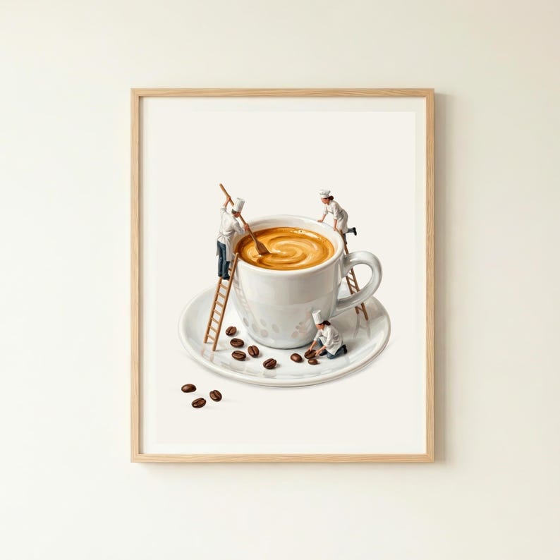 May include: A framed art print featuring a white ceramic coffee cup filled with latte on a matching saucer. Three miniature figures dressed in white chef uniforms are interacting with the cup, using wooden ladders and stirring the coffee.