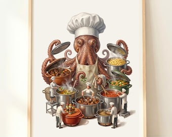 Octopus Wall Art | Cooking Wall Art | Chef Gift | Coastal Kitchen Decor | Octopus Print