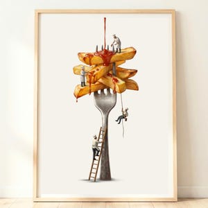 French Fries Wall Art | Chips on Fork Print | Kitchen Decor | Modern Food Artwork | Minimal Kitchen Poster