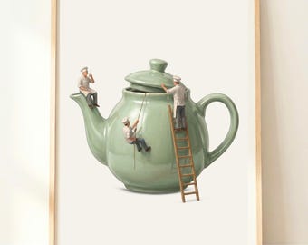 Decorazione murale con teiera verde / Decorazione da cucina per amanti del tè / Poster vintage per teiere / Opera d'arte per cucina in stile cottage