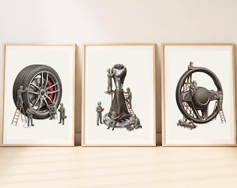 Set di 3 stampe da parete a tema auto / Quadri per auto / Poster per auto / Stampe per auto / Decorazioni automobilistiche