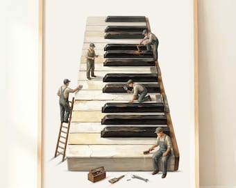 May include: A framed art print depicts a piano keyboard with miniature figures working on the keys. The keys are black and white, with a weathered appearance. The figures are dressed in work clothes, and tools are scattered around the base of the keyboard.