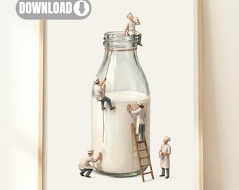 Stampa digitale da parete a tema bottiglia di latte / Stampa casearia / Stampa per la cucina e la colazione / Opera d'arte minimalista per la cucina / Arredamento neutro per la casa