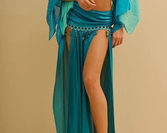 Turquoise Belly Dance Costume, Exotic Dancewear Set, Beaded Bra Top and Flowing Skirt, Stage Performance Outfit for Women oriental costume