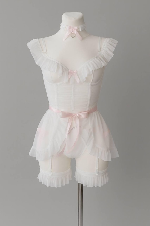 White Bridal Lingerie Set with Ruffles, Coquette Boudoir Outfit, Sheer Mesh Corset Lingerie, Romantic Wedding Lingerie, Soft Girl Kawaii