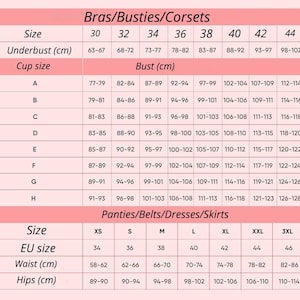 May include: A size chart for bras, bustiers, corsets, panties, belts, dresses, and skirts. The chart includes sizes, EU sizes, underbust, bust, waist, and hips measurements in centimetres.