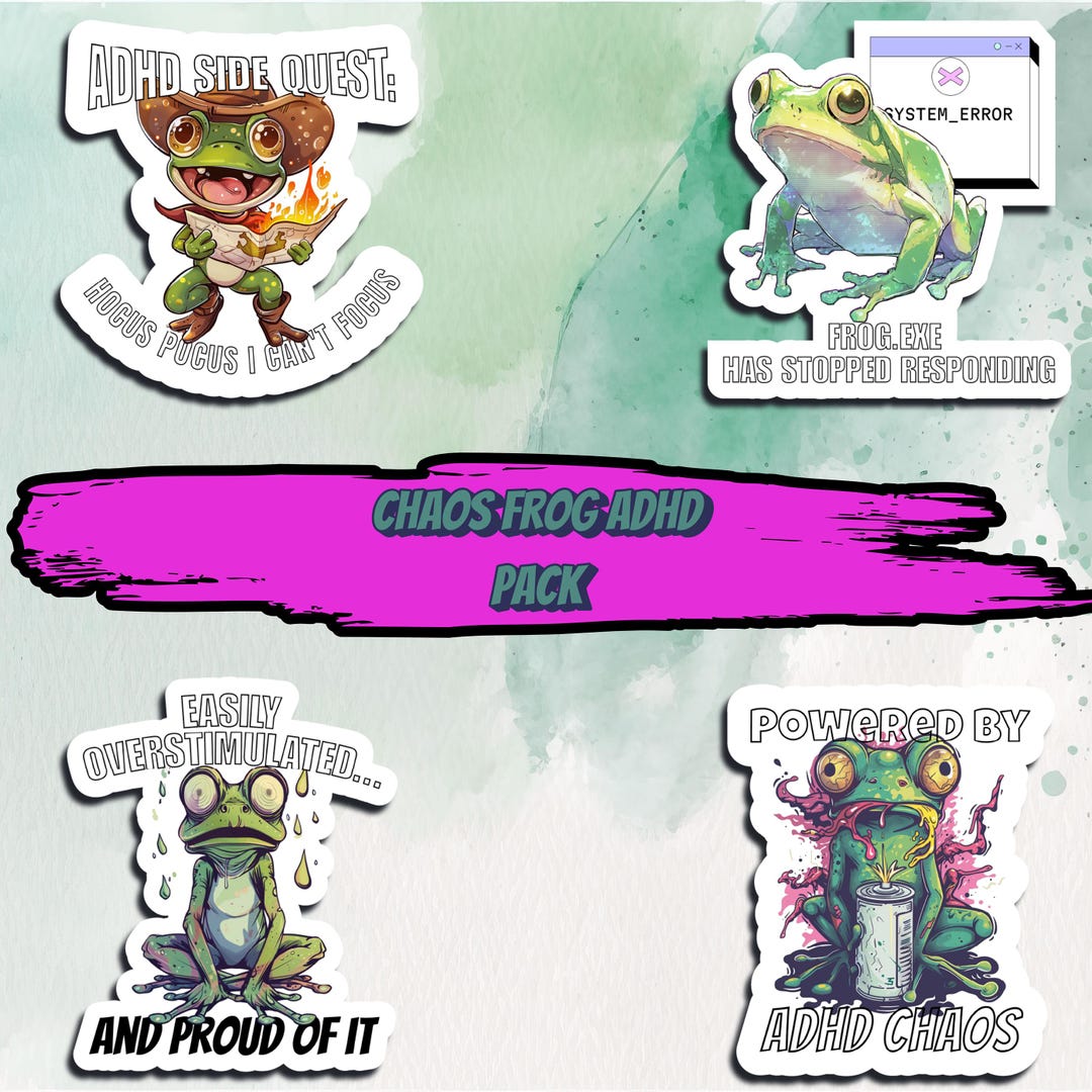 Funny ADHD Frog Sticker Pack – Neurodivergent Meme, Waterproof Vinyl ...