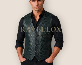 Chaleco de cuero para hombre con estampado de serpiente, estilo motero western, hecho a medida.