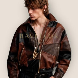 Chaqueta de motociclista vintage para hombre, de cuero marrón y negro con patchwork.