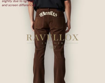 Men’s Brown Suede Leather Pants Gothic Style” Embroidery Slim Fit Quality
