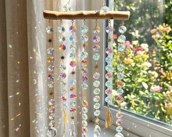 Boho Crystal Suncatcher: Wooden Branch Rainbow Prism Wall Hanging, Celestial Charm Window Decor