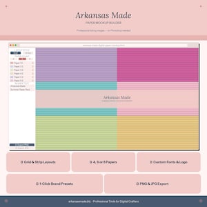 May include: A digital paper mockup builder with a pink background. The interface displays a grid layout with color-blocked sections in purple, pink, teal, and yellow. Text includes "Arkansas Made" and options for grid layouts, paper counts, and export formats.