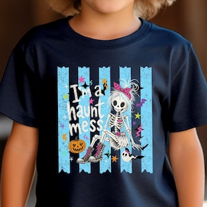 Spooky Cute Skeleton Girl Kids Short Sleeve Shirt, 'I'm a Haunt Mess' Halloween Youth Tee, Funny Ghost Pumpkin Costume Top