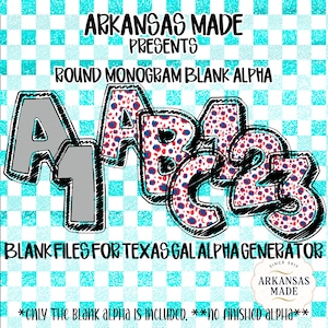 May include: Digital design featuring the text "ARKANSAS MADE PRESENTS ROUND MONOGRAM BLANK ALPHA". The image includes the letters A, B, C, and numbers 1, 2, 3, with a leopard print design. The background is a teal and white checkered pattern.