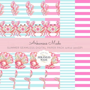 May include: A digital paper pack featuring watercolor illustrations of crabs, seashells, and coral on striped backgrounds in pink and blue. The text "Arkansas Made" and "Summer Seamless Digital Paper Pack 12x12 300DPI" are also visible.