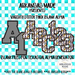 May include: Digital design featuring varsity-style letters and numbers. The letters and numbers are in a thick, stitched style, with a baseball-themed pattern. The text "ARKANSAS MADE PRESENTS VARSITY STITCH THICK BLANK ALPHA" is displayed.