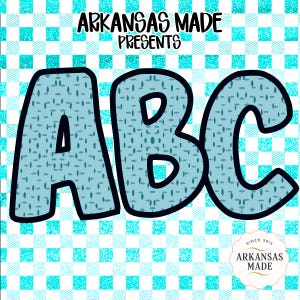 Teal Gingham ABC Letters Alphabet, Full A-Z Alpha Digital Download, Sublimation DTF PNGs Bundle, Nursery Decor, Crafting Font, Instant