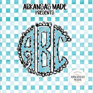 May include: A monogram design featuring the letters ABC in a light blue color with gold accents, outlined in black, and set against a turquoise and white checkered background. The text "ARKANSAS MADE PRESENTS" is at the top, with "SINCE 2013 ARKANSAS MADE" at the bottom.