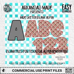 May include: Digital design featuring the text "ARKANSAS MADE PRESENTS WIDE SKETCH BLANK ALPHA" with the letters A, B, C, and numbers 1, 2, 3. The letters and numbers are decorated with a floral pattern. The background is a light blue and white checkered pattern.