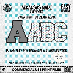 May include: Digital design featuring the letters ABC in a varsity stitch style. The letter A is gray, while B and C are white with colorful polka dots. The background is a blue and white checkered pattern. Text includes "Arkansas Made" and "Blank Files".